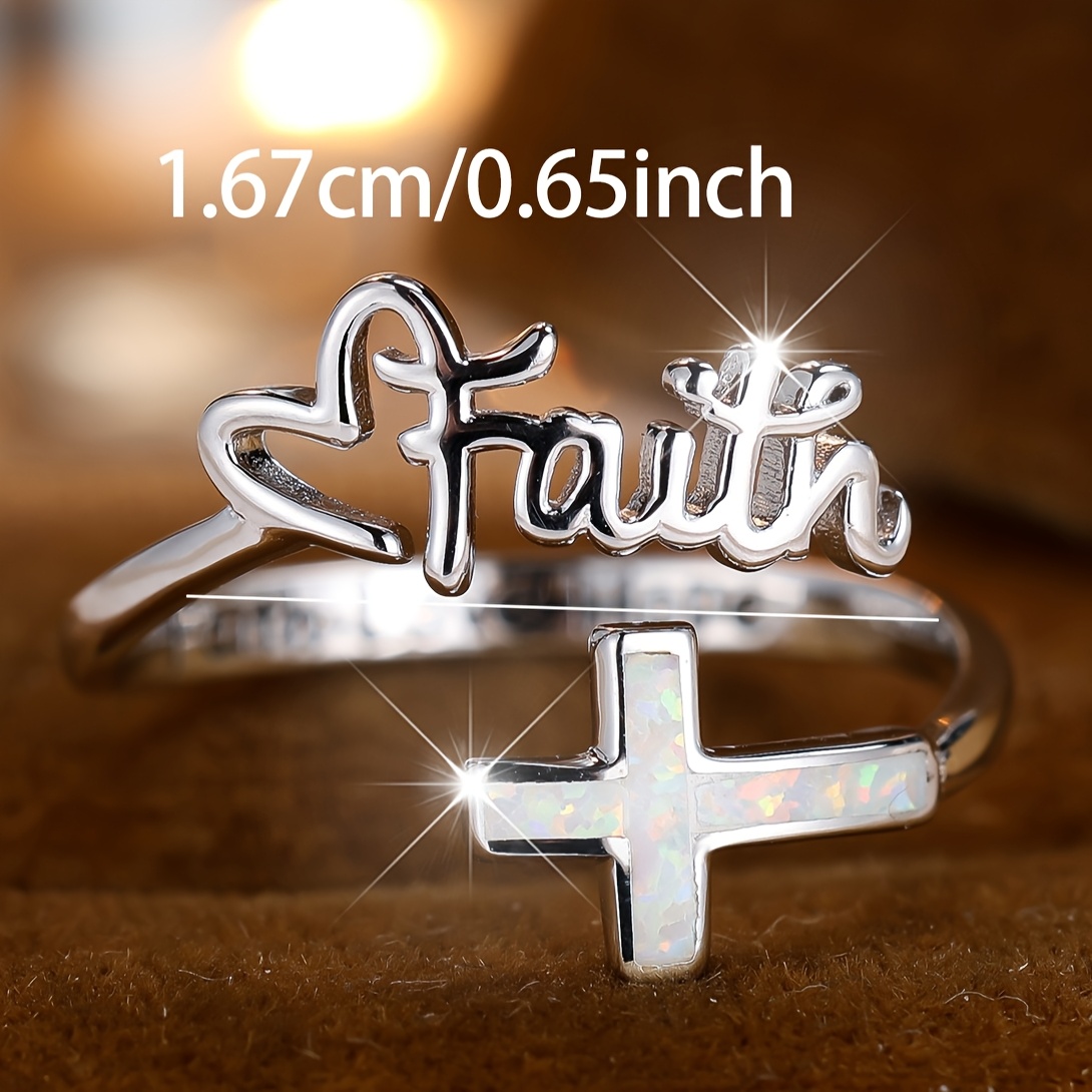 Vintage Boho Opal Cross Ring 925 Silver Plated Script Lettering